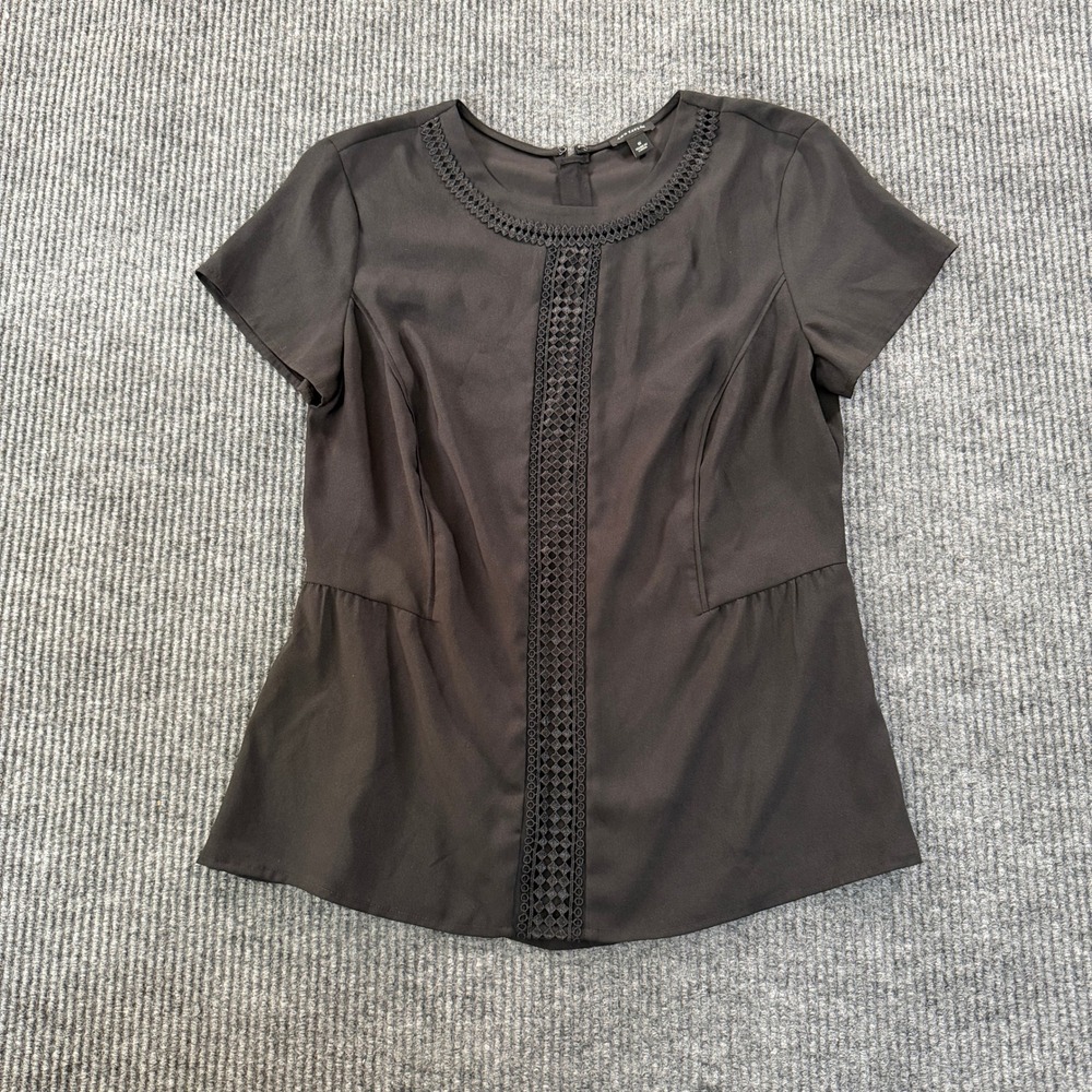 Ann Taylor Women Crochet Lace Peplum Blouse 8 Black Short Sleeve Workwear Top